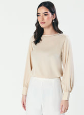 Neck Scalloped Long-Sleeve Light Beige Top