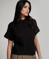 Crop Turn Up Sleeve Cotton Black Shirt