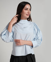 High Neck Sleeve Side Gathered Blue Top