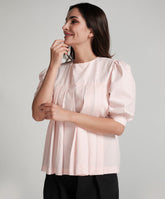 Pleated Short Sleeve Cotton Pink Top