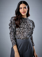 Long Sleeve Gathered Printed Top