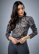 Long Sleeve Gathered Printed Top