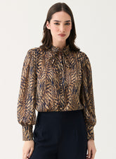 Long Sleeve Printed Frilled Collared Top