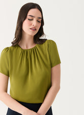 Olive Short Sleeve Chiffon Neck Top