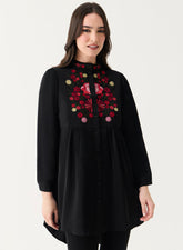 Long Sleeve Front Embroidered Chiffon Top