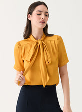 Short Sleeve Neck-Tie Shirt Top -Mustard