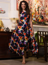 Sleeveless Printed Dress With Waist Band
