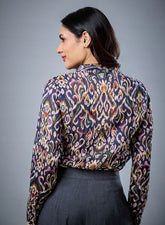 Neck Tie Long Sleeve Blue Top