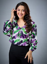 Neck Pleated Deep V Printed Top