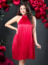 Pleated Satin Dress With Neckband