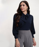 Neck Tie Chiffon Solid Blue Top