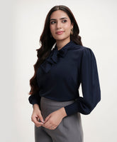 Neck Tie Chiffon Solid Blue Top