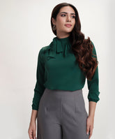 Neck Tie Long Sleeve Green Chiffon Top