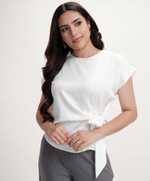 Waist Tie Round Neck Satin White Top