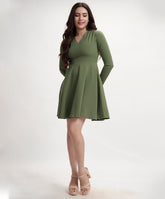 Vneck Mini Long Sleeve Flared Green Dress