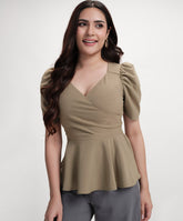 Vneck Sleeve Detailed Peplum Top