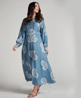 Puffed Sleeve Printed Round Neck Dress-Blue Print