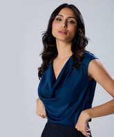 Cowl Neck Short Sleeve Satin Teal Top