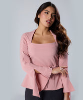 Split Sleeve Square Neck Peplum Pink Top