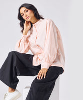 Mandarin Collar Cotton Oversized Shirt- Light Pink
