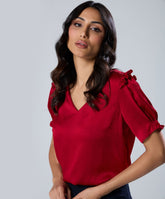 Vneck Frill Attached Maroon Short Sleeve Top