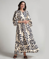 Vneck Elasticated Sleeve Loose Fitted Printed Dress-Blue Print