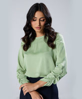 Long Sleeve Gathered Satin Green Top