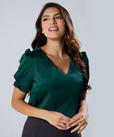 Vneck Frill Attached Green Short Sleeve Top