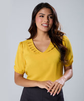Vneck Pleated Yellow Half Sleeve Top