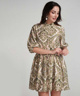 Front Buttoned Printed Mini Dress-Green