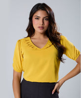 Vneck Pleated Yellow Half Sleeve Top
