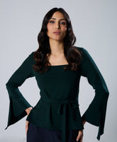 Split Sleeve Square Neck Peplum Green Top