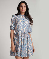 Front Buttoned Printed Mini Dress-Blue