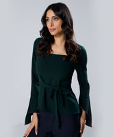 Split Sleeve Square Neck Peplum Green Top