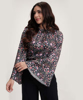 Sleeve Flared Printed Black Top