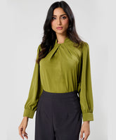 Neck Pleated Chiffon Green Top