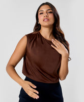 Side Detailed Satin Top- Brown