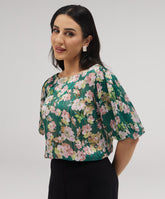 Wide Neck Crushed Chiffon Green Top