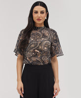 Sleeve Flared Mandarin Collar Black Top