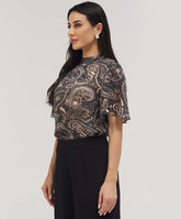 Sleeve Flared Mandarin Collar Black Top