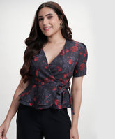 Vneck Half Sleeve Printed Black Peplum Top