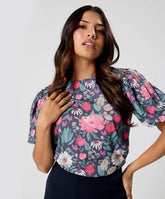 Round Neck Sleeve Detailed Black Printed Top