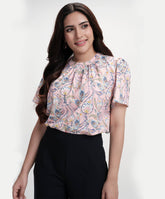 Neck Detailed With A Band Chiffon Printed Top