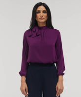 Neck Bow Attached Long Sleeve Top-Purple