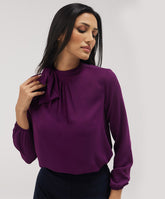 Neck Bow Attached Long Sleeve Top-Purple