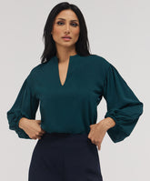 Front Neck Open Long Sleeve Top-Dark Green