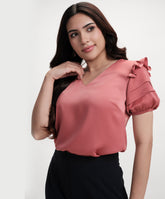 Vneck Sleeve Detailed Satin Pink Top