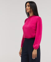 Long Sleeve Neck Detailed Top -Hot Pink