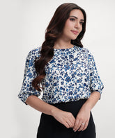 Half Sleeve Printed Chiffon Print Blue Top