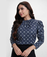 Long Sleeve Detailed Printed Chiffon Blue Top